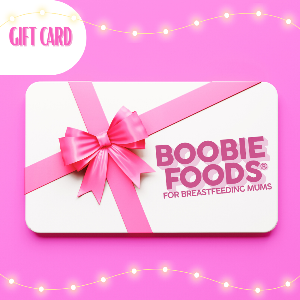 Boobie Foods lactation gift card with pink ribbon design.