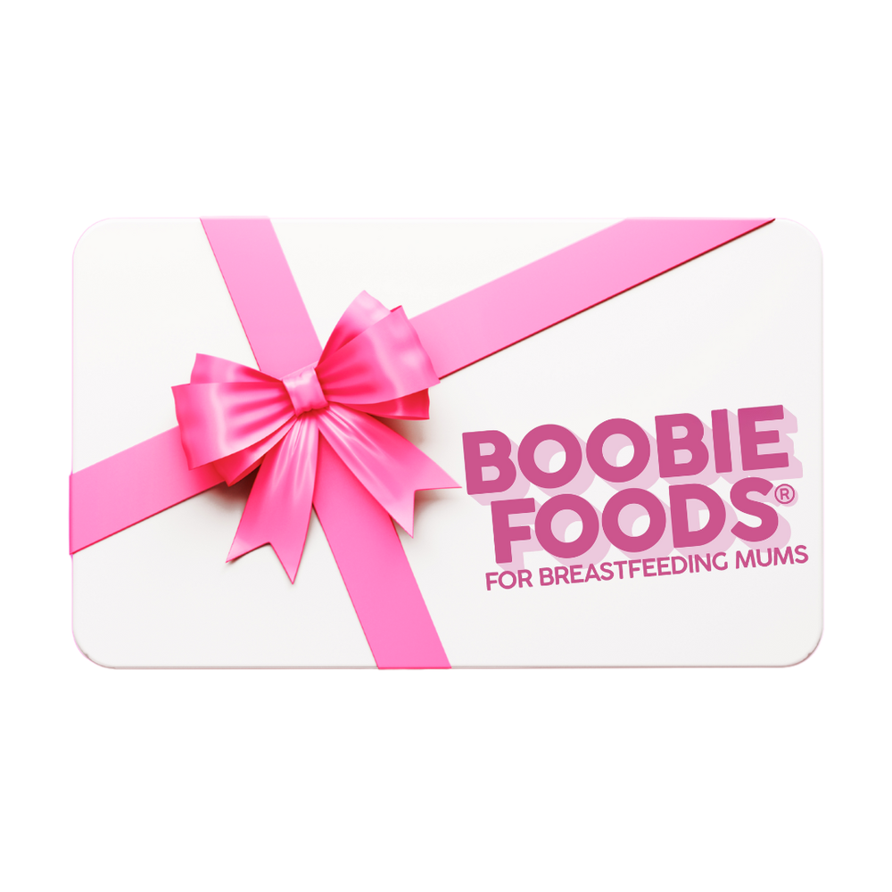 Boobie Foods gift card with a pink bow on a white background