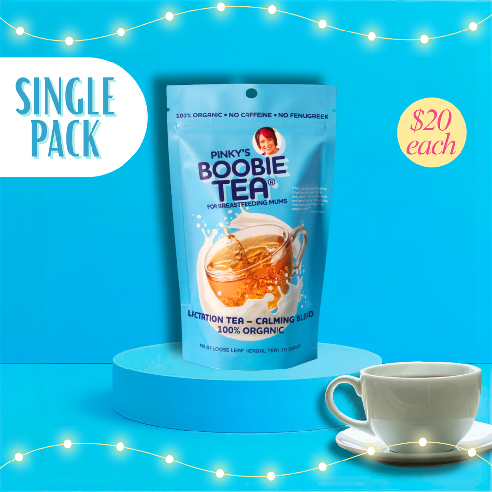 Boobie Tea Calming Blend loose leaf lactation tea single pack in light blue pouch
