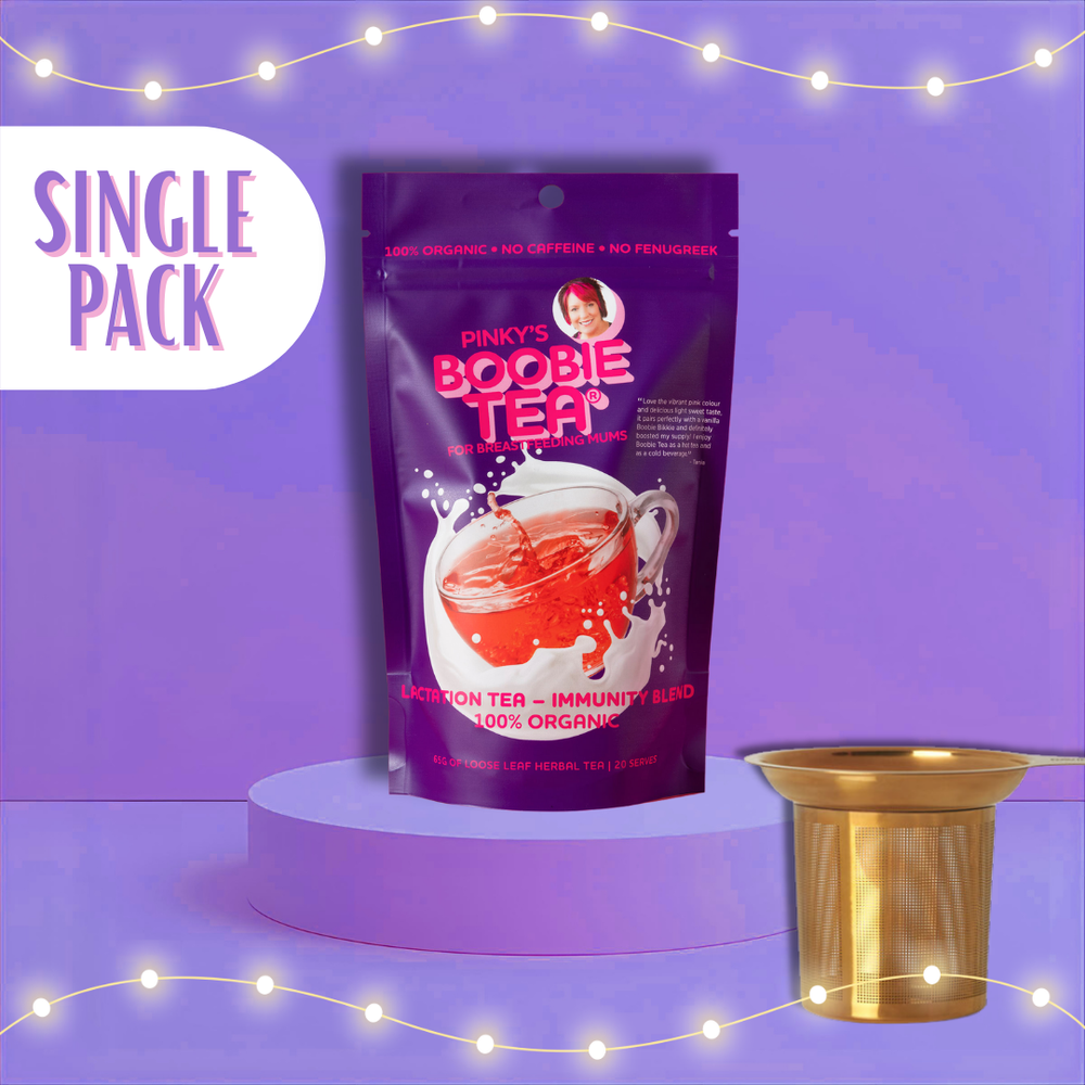 Boobie Tea Immunity Blend loose leaf lactation tea single pack in purple packaging with a teacup.