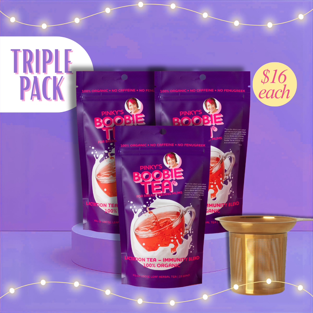 Boobie Tea Immunity Blend triple pack loose leaf lactation tea with three purple pouches