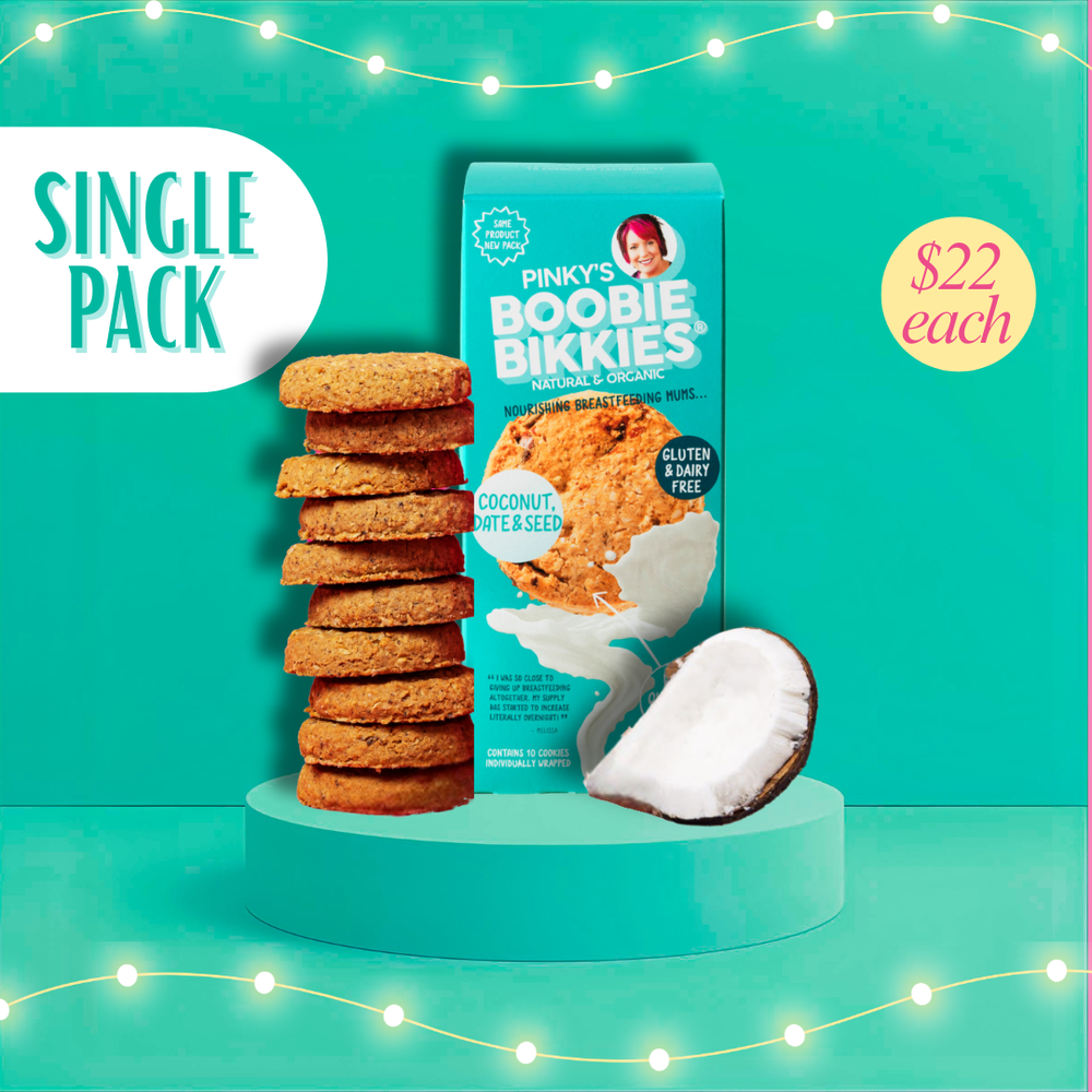 Boobie Bikkies coconut, date and seed gluten-free dairy-free soy-free lactation cookies single pack with teal packaging.