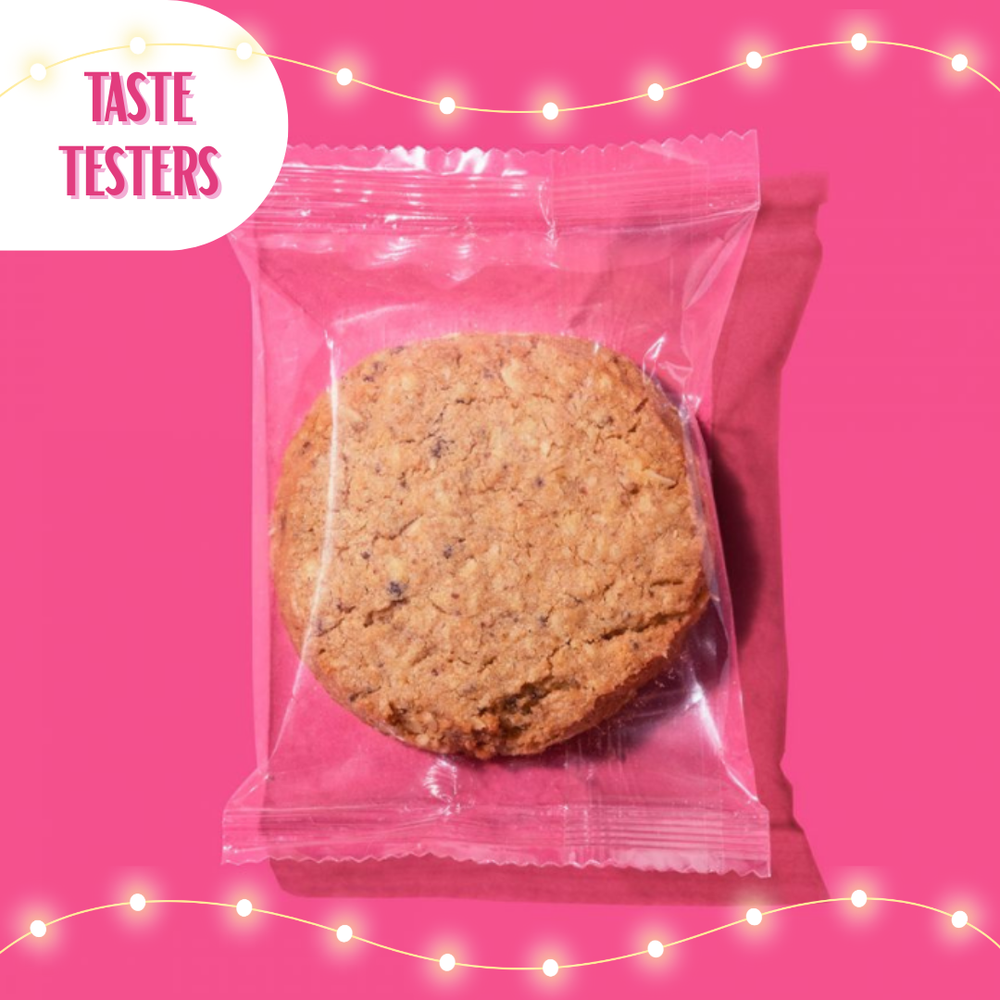 Boobie Bikkies single lactation cookie sample in clear packaging.