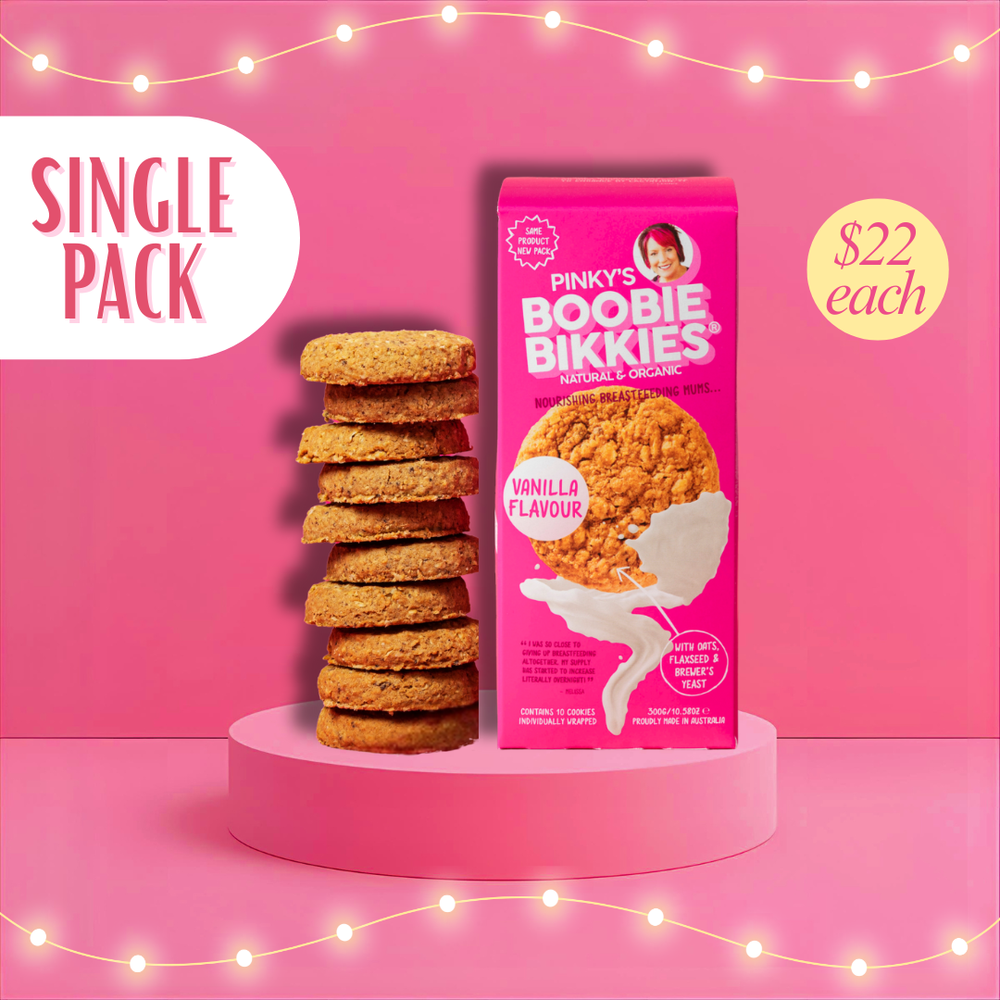 Boobie Bikkies vanilla lactation cookies single pack with individually wrapped biscuits and pink packaging.