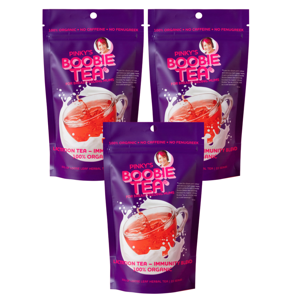 Three packages of Pinky's Boobie Tea Lactation Tea on a white background